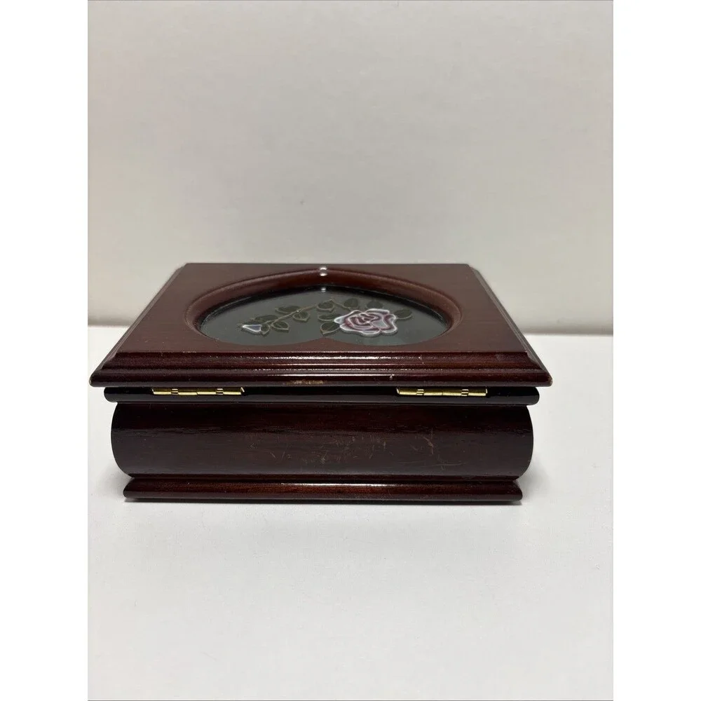 Vintage Wood & Glass Jewelry Box - Heart Shaped w/ Painted Rose Inlay